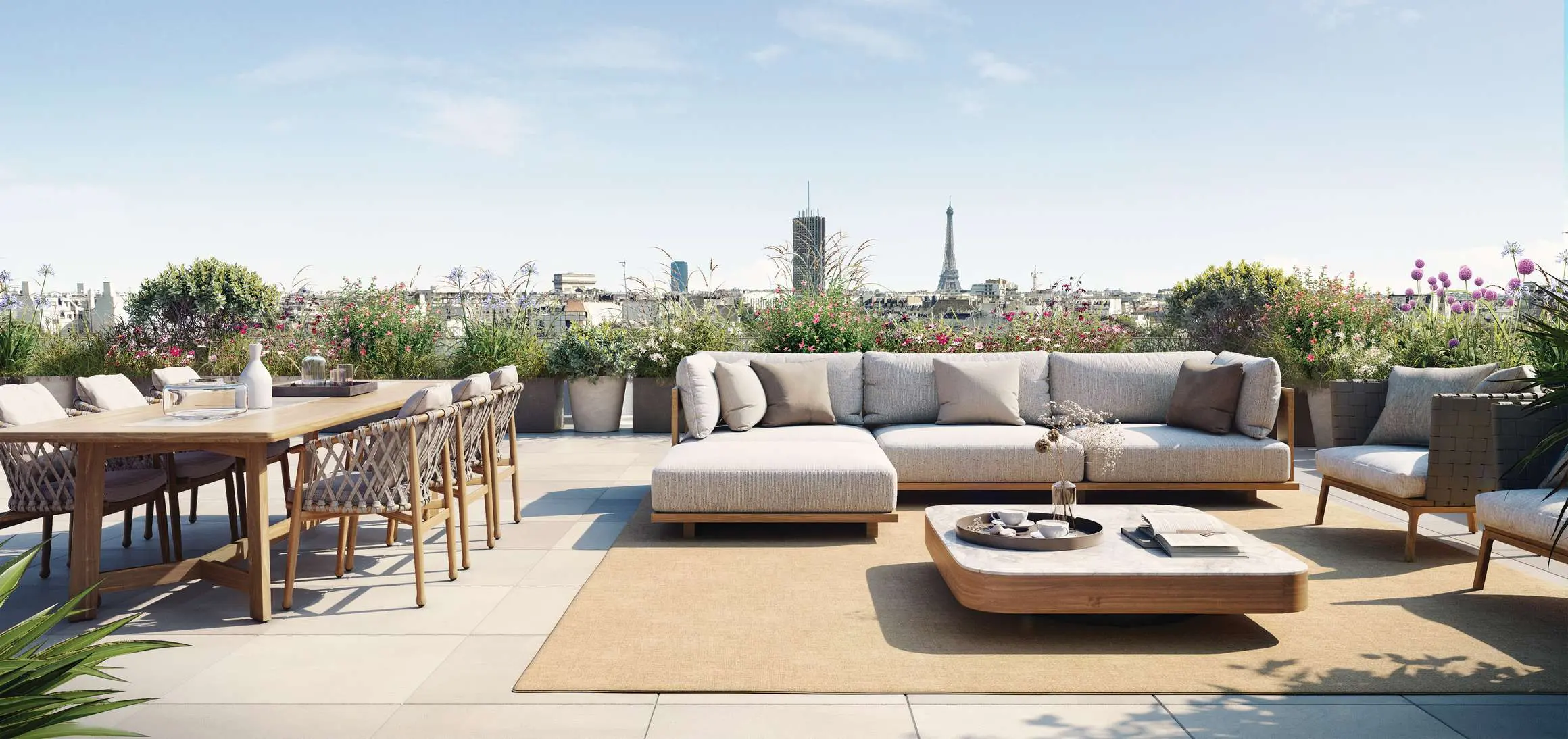 Rooftop avec terrasse en bois et vue sur Paris - Programme immobilier 58 Victor Hugo à Neuilly-sur-Seine
